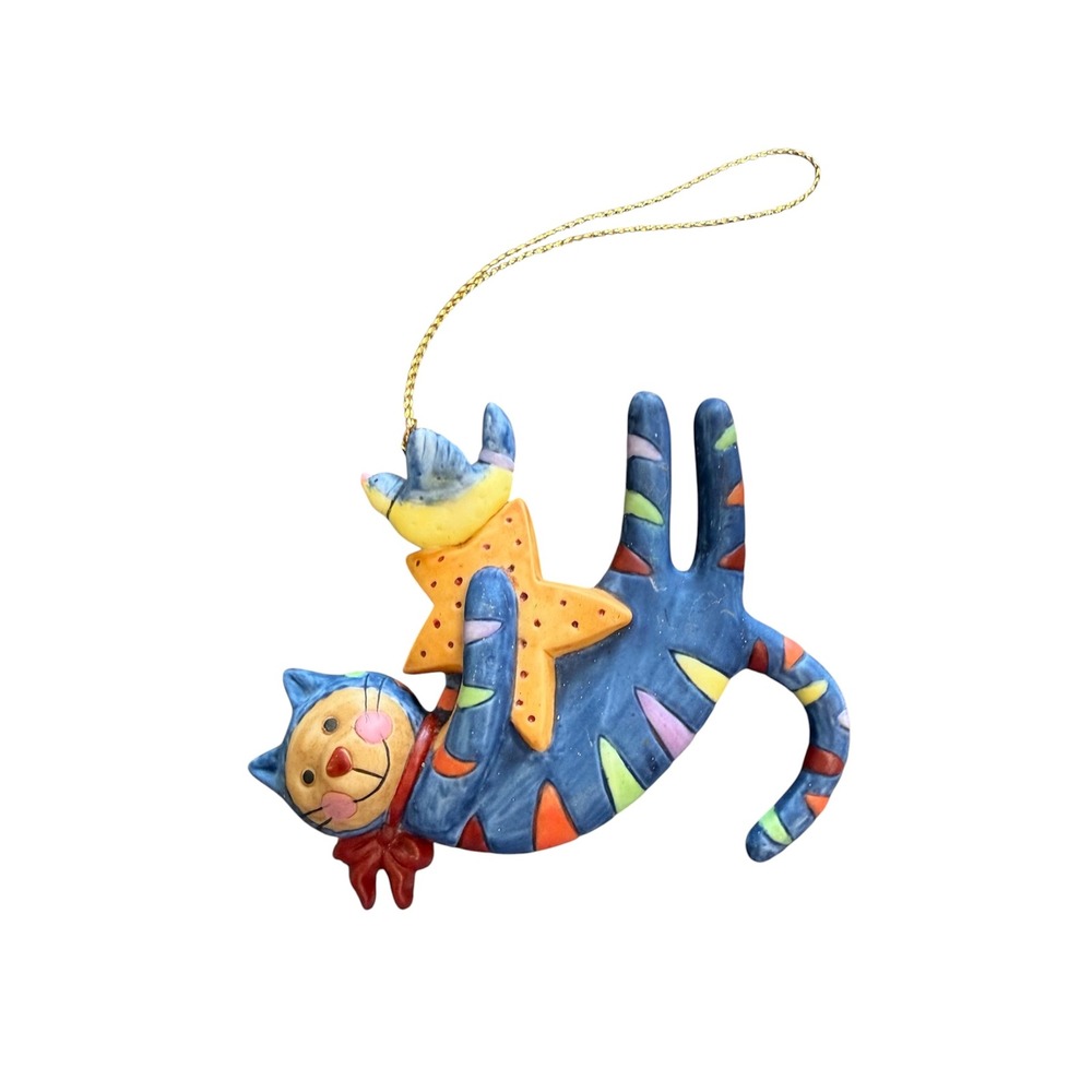 Lang & Wise Ceramic Cat Ornament Rainbow Striped Star Bird Folk Art ES #19